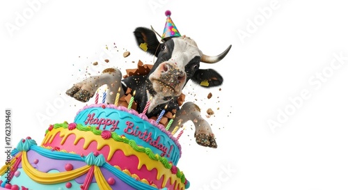 cow bursting out of a birthday cake on a solid white background, dessert, celebration