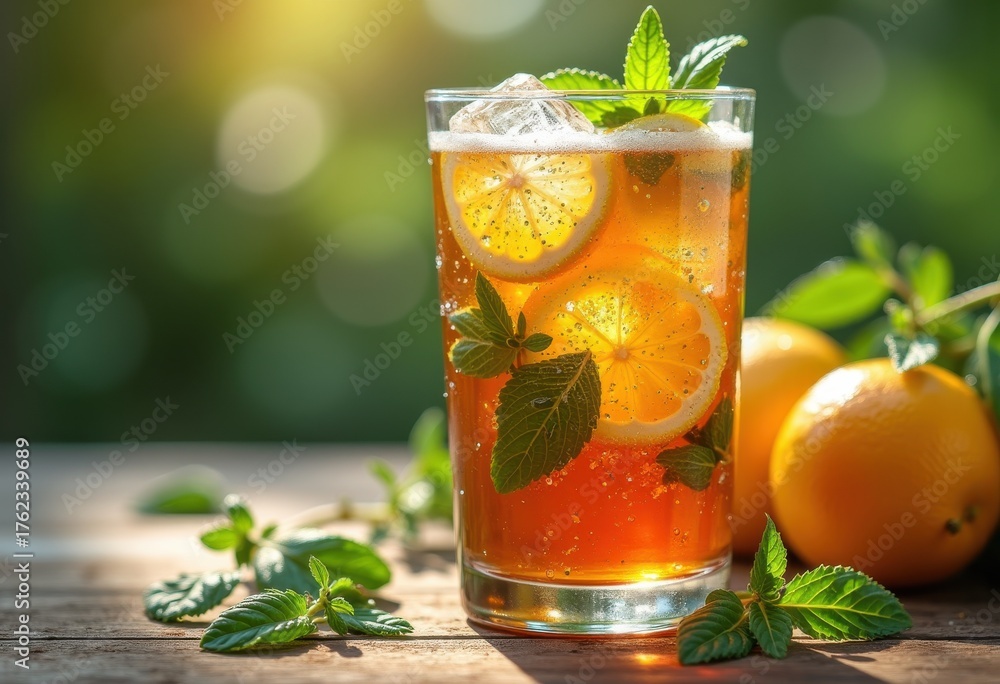 Fototapeta premium Refreshing Iced Tea Drink with Vibrant Herbs and Zesty Lemon Slices Perfect for Summer Hydration