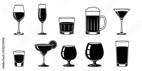A collection of various alcoholic drink and cocktail glass silhouettes for bar and restaurant menus.
