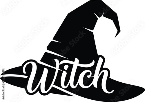 Black silhouette of a witch hat with the word witch written in elegant script on the brim