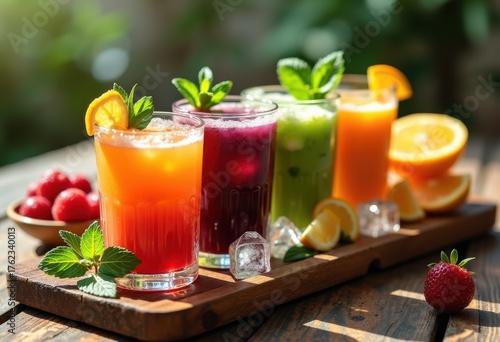 Wallpaper Mural Rustic Wooden Tray Displaying Vibrant Assorted Juice Shots Freshly Pressed Healthy Beverages Colorful Refreshing Delights Artfully Arranged Torontodigital.ca