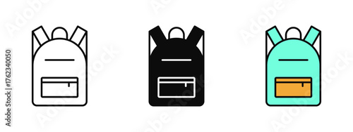 Backpack icon collection designed in stroke, fill, and color variations, isolated on a white background. Perfect for education apps, web interfaces, travel graphics, and school supply concepts.