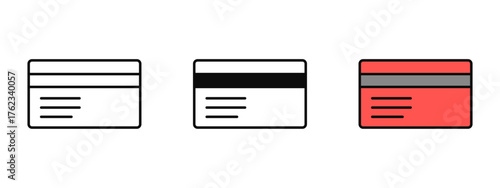 Credit card icon collection designed in stroke, fill, and color variations, isolated on a white background. Perfect for finance apps, web interfaces, online payment systems, and banking concepts.
