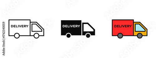 Delivery truck icon collection designed in stroke, fill, and color variations, isolated on a white background. Perfect for logistics apps, web interfaces, shipping services, and transport.