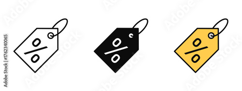 Discount tag icon collection designed in stroke, fill, and color variations, isolated on a white background. Perfect for e-commerce apps, web interfaces, sale promotions, and shopping concepts.