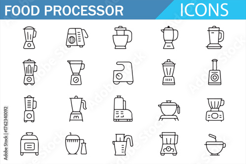 Food Processor & Kitchen Appliance Icons — outline set of blender, mixer, juicer, chopper, whisk, cooker, steamer; clean monoline symbols for cooking UI, packaging, manuals, and infographics