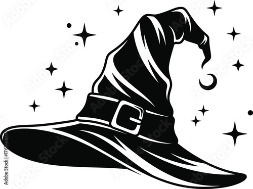 Classic black witch hat with buckle and magical stars and crescent moon on white background