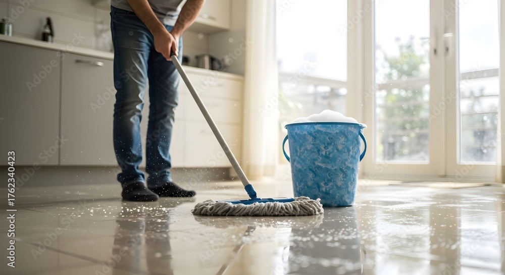 Fototapeta premium Person mopping a floor