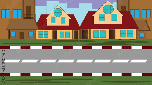 2D cartoon street background with two houses, red-white curb, and buildings under a blue-purple sky. Perfect for web design, games, and creative illustrations.