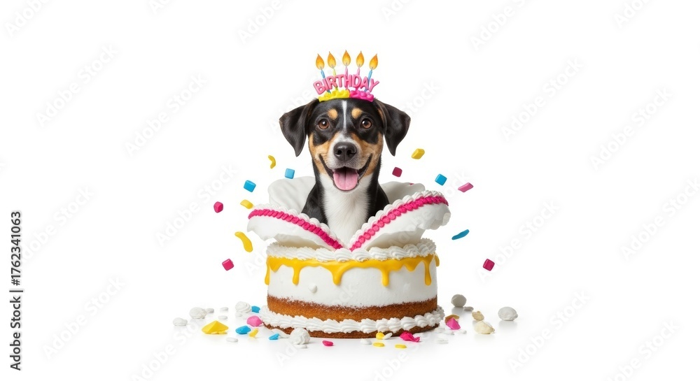 Naklejka premium dog bursting out of a birthday cake on a solid white background, dessert, celebration