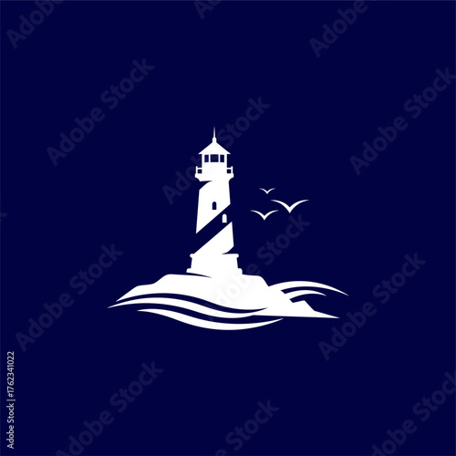 A towering lighthouse beacon stands against the blue sky and ocean for nautical navigation