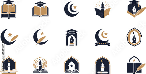 Collection of islamic education and learning logos featuring books mosques moons stars and graduation caps