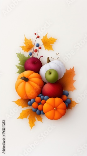 Colorful Minimalist Watercolor Cornucopia Showcases Seasonal Fruits and Vegetables for Thanksgiving Celebration