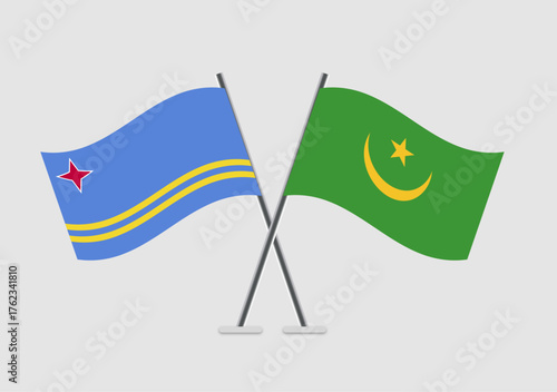 Aruba and Mauritania vector flags illustrated with realistic sway