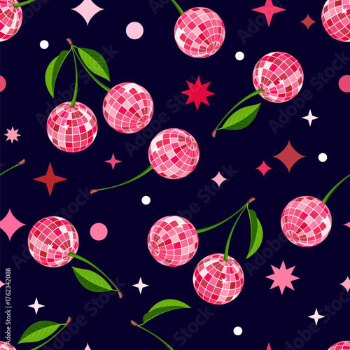 Vector seamless pattern with cherries disco balls. Design for party, summer textile print, wrapping paper, music event