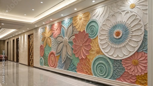 large scale abstract wall decor Colorful floral mural in a stylish interior space, featuring intricate designs and vibrant patterns.