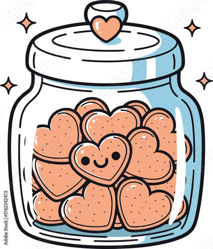 Cute jar filled with delicious heart shaped cookies and a happy cookie face smiling