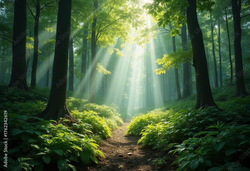 Obraz premium Lush Forest Sunlight Filtering Through Leaves Nature Serenity Vibrant Green Flora Tranquil Environment