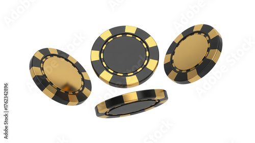 Four Black and Gold Casino Chips isolated on a transparent background