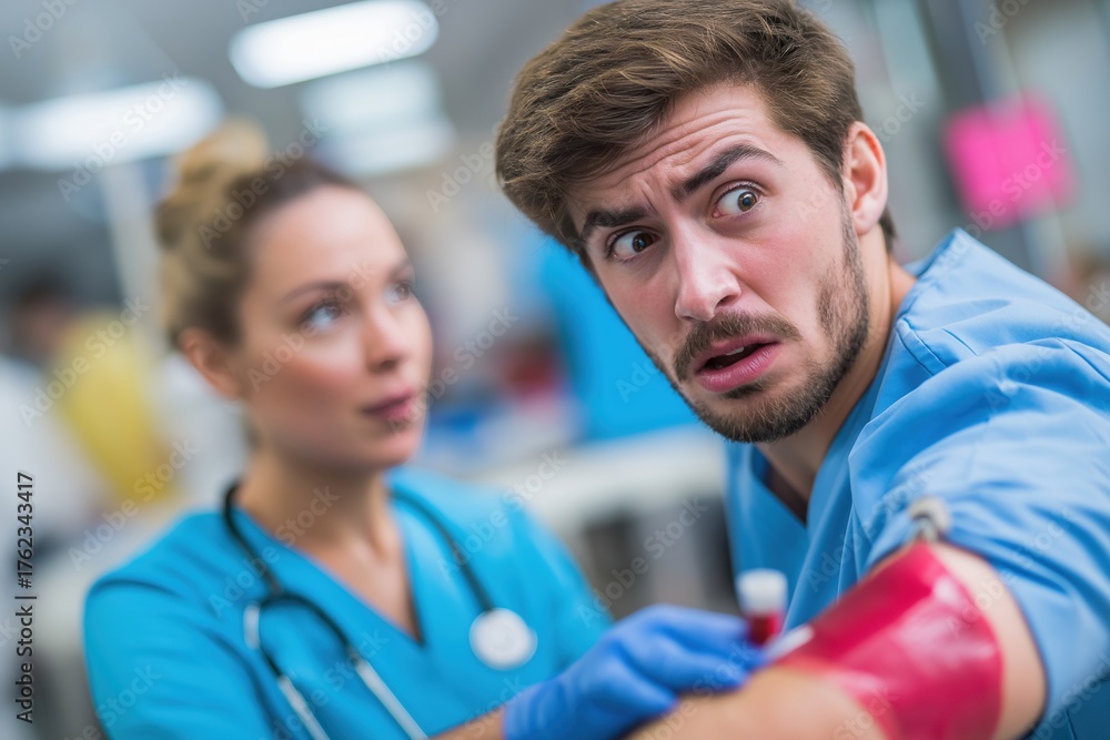 Obraz premium Man with a terrified expression looking at the needle during a blood test