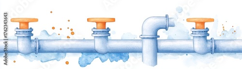 Colorful water pipes with valves in a vibrant watercolor style, perfect for plumbing, industrial themes, and home repair projects