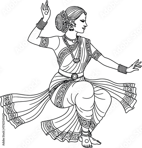 Elegant indian classical dancer in traditional attire performing a graceful pose with intricate details