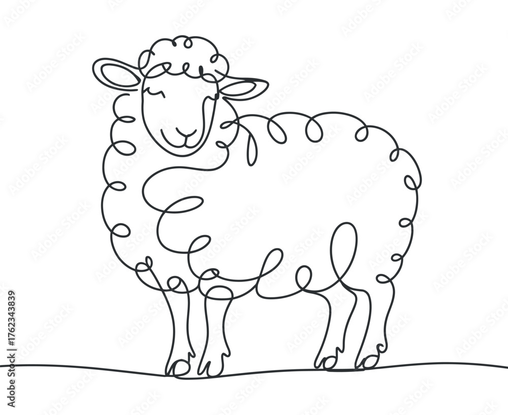 Obraz premium Charming Sheep Continuous Line Art Drawing: Woolly Farm Animal