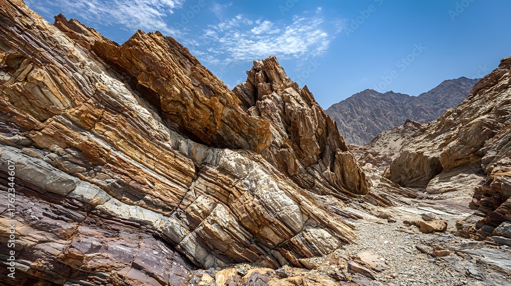 Fototapeta premium Layered rock formations displaying bands of minerals shaped by pressure and erosion over time