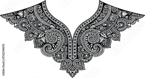 Intricate black and white paisley floral neckline embroidery design with swirls and leaves