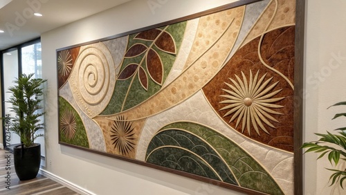 large scale abstract wall decor Colorful abstract wall art featuring swirling patterns and natural motifs enhances the modern interior space.