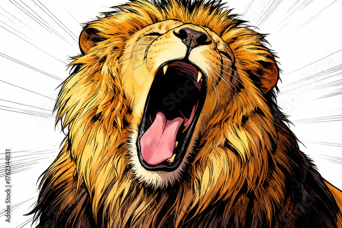close up lion yawning forest illustration