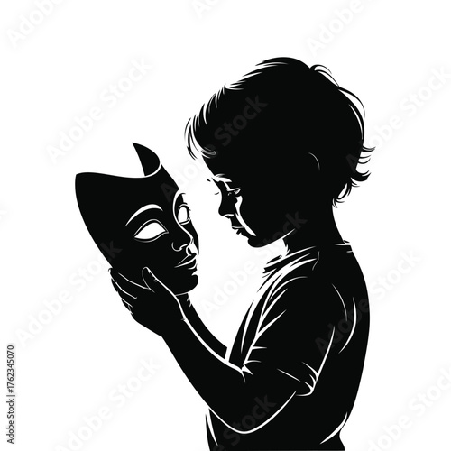 Boy with Mask Silhouette Illustration Childhood Imagination Role-Playing Identity Discovery