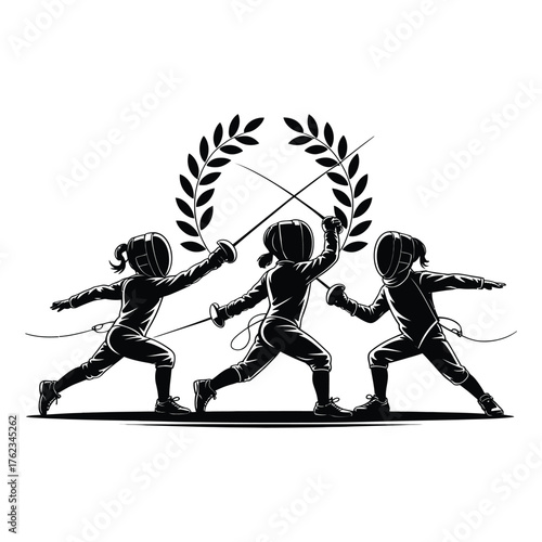Group of Fencing Champions in Action Silhouette Vector Illustration with Laurel Wreath Symbol