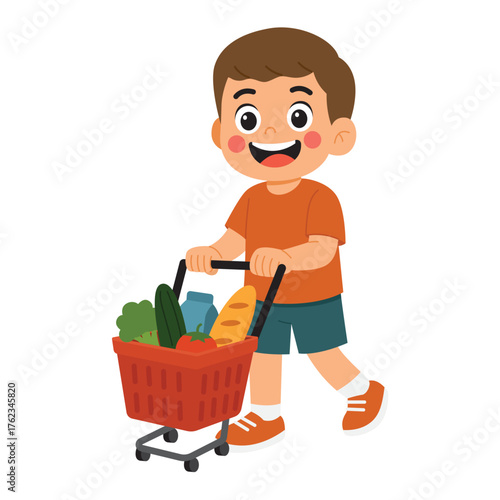 Illustration of boy pushing shopping cart full of groceries