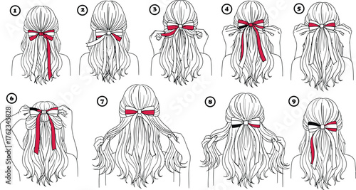 Step by step illustration of how to tie a beautiful ribbon bow in long wavy hair