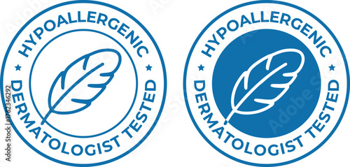 Hypoallergenic Dermatologist Tested Seals with Feather Icon | Blue Certification Badges for Sensitive Skin Products