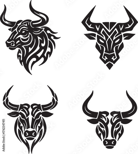 Powerful tribal bull head designs set majestic taurus zodiac symbol tattoo art and heraldic animal emblem concept
