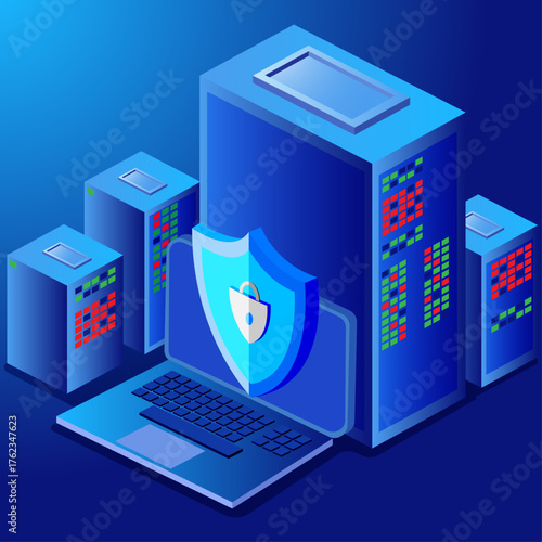 Data Centre/server room security IT concept, Cloud technology infrastructure protected from viruses, computer firewall concept