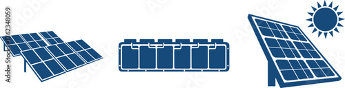 Blue solar energy icons with solar panels and sun power electricity