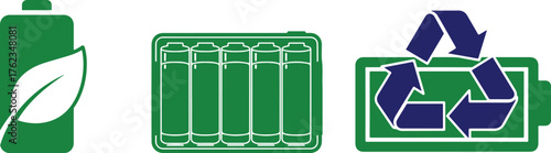 Green energy icons with batteries and recycling symbol battery