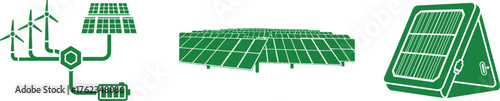 Green icons of wind turbines solar panels and battery on white background energy renewable energy
