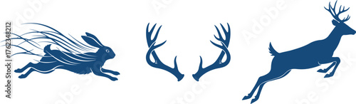 Stylized silhouettes of a running rabbit, deer antlers, and a jumping deer Keywords: rabbit, hare, deer, antlers, running, jumping