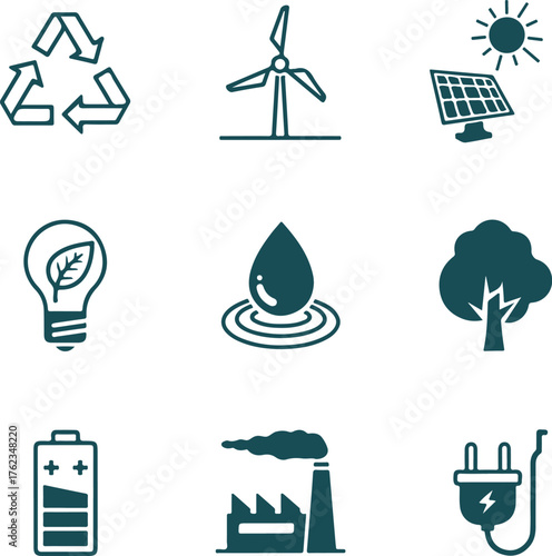 Teal icons representing environmental and energy concepts on white background recycling symbol