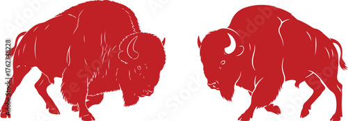 Two Red Bison Silhouettes Facing Each Other With Detailed Fur Texture buffalo animal