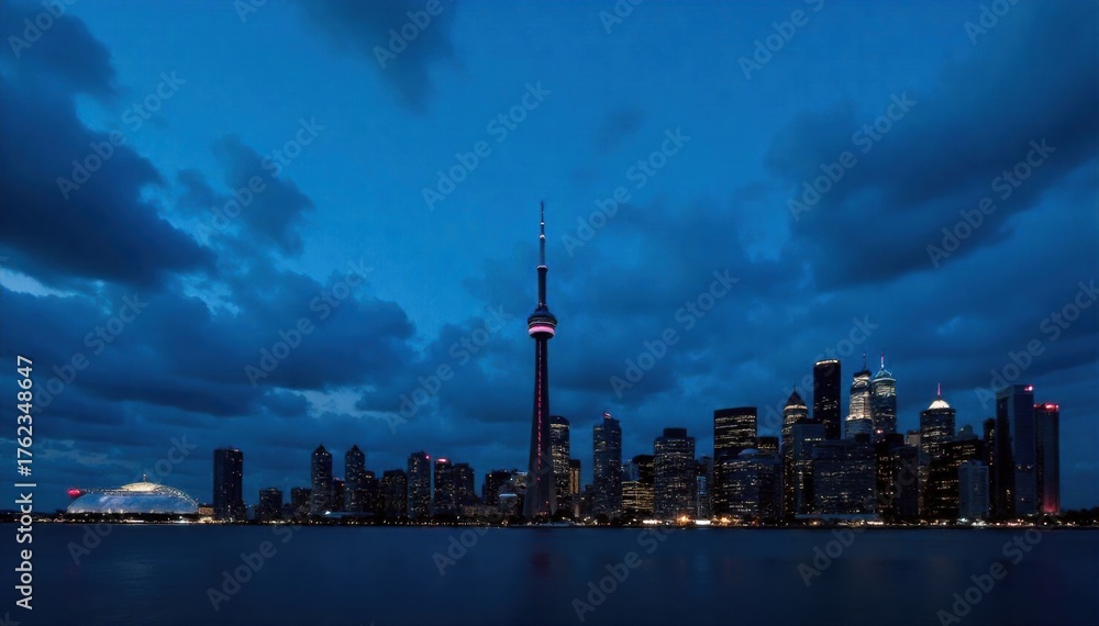 Obraz premium Iconic CN Tower silhouette against a moody Toronto skyline at twilight, Ontario The silhouette of the CN Tower and the Toronto skyline during twilight. Deep blue and purple hues dominate the sky, with