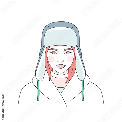 Woman wearing a trapper hat and scarf with a neutral expression  