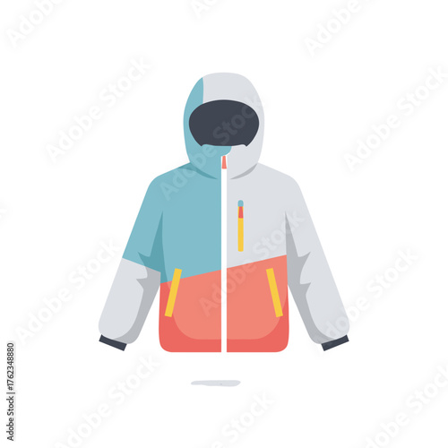 Colorful winter jacket with hood displayed on white background  