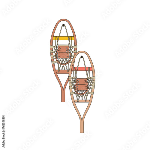 Vintage snowshoes with colorful straps displayed on a white background  