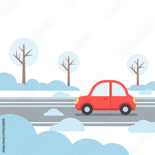 Red car driving on a snowy road with trees in winter  