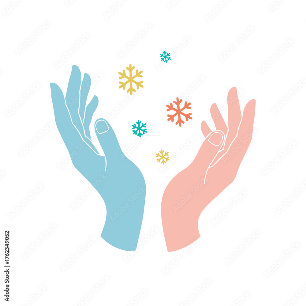 Fototapeta premium Hands catching colorful snowflakes in winter concept 
